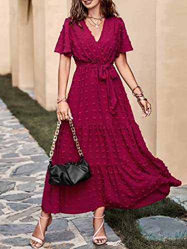MASCOMODA Womens Boho Swiss Dot Maxi Dresses Wrap V Neck Flutter Short Sleeve Solid Tie Belt A Line Tiered Flowy Long Dress(Wine Red,Small) - Image 4