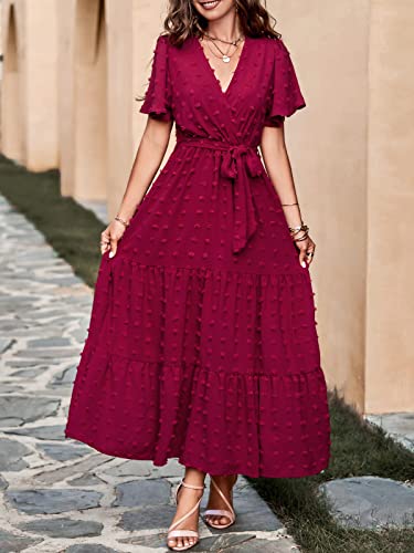 MASCOMODA Womens Boho Swiss Dot Maxi Dresses Wrap V Neck Flutter Short Sleeve Solid Tie Belt A Line Tiered Flowy Long Dress(Wine Red,Small) - Image 3