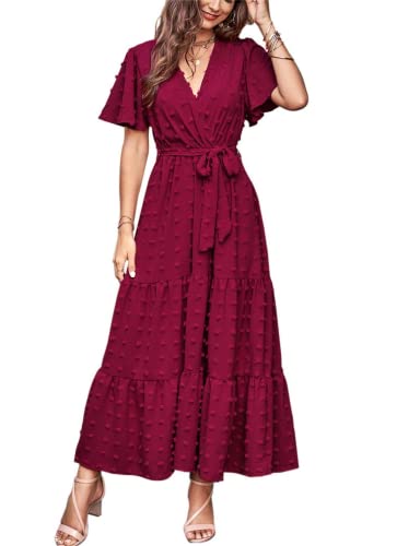 MASCOMODA Womens Boho Swiss Dot Maxi Dresses Wrap V Neck Flutter Short Sleeve Solid Tie Belt A Line Tiered Flowy Long Dress(Wine Red,Small) - Image 1