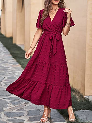 MASCOMODA Womens Boho Swiss Dot Maxi Dresses Wrap V Neck Flutter Short Sleeve Solid Tie Belt A Line Tiered Flowy Long Dress(Wine Red,Small) - Image 2