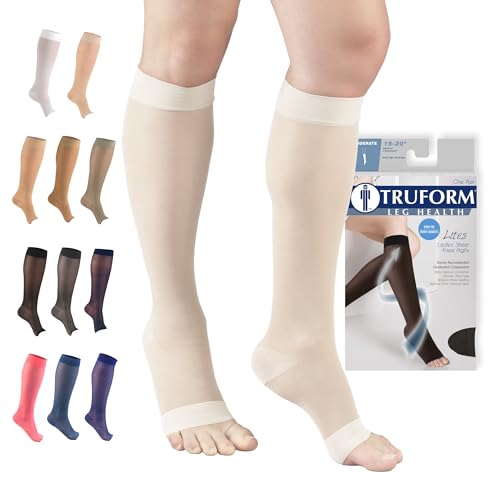Truform Sheer Compression Stockings, 15-20 mmHg, Women's Knee High Length, Open Toe, 20 Denier, Ivory, Medium - Image 1