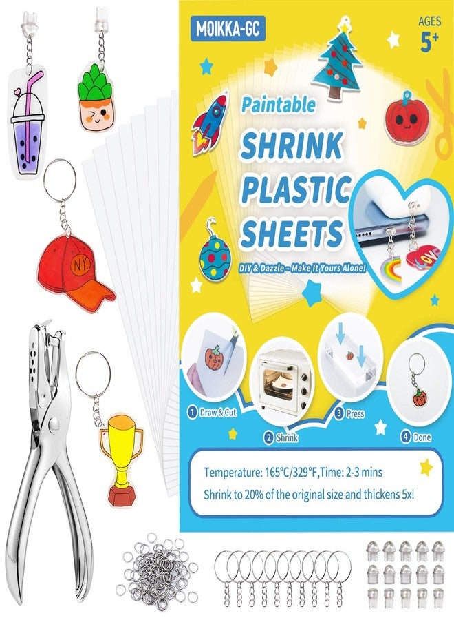 MOIKKA-GC 142PCS Shrink Plastic Sheets Kit, 16PCS 7.9"x5.7" Shrink Paper, Phone Dust Plug, Keychains, Hole Punch & Jump Rings - Creative DIY for Kids, Adults & Teens - Image 1