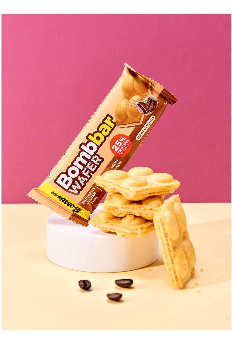 بومبار ويفر البروتين بنكهة الكابتشينو، خالي من الغلوتين، عالي الألياف ولا يحتوي على سكر مضاف 12 × 32 جم - Image 3