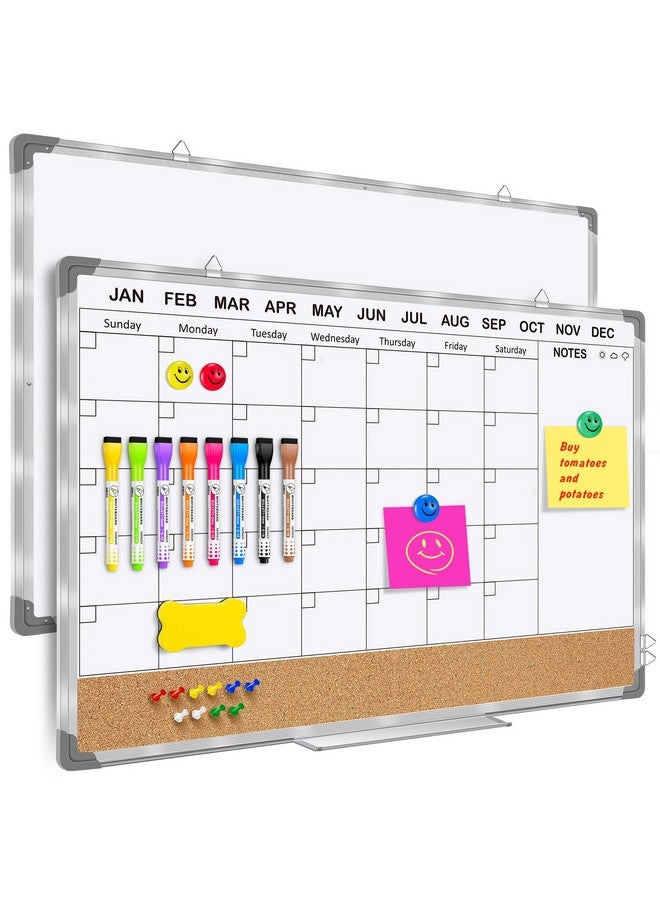 إيوني مجموعة تقويم السبورة الشهرية ولوحة الفلين للجدار مقاس 36 بوصة × 24 بوصة لوحة مسح جافة مغناطيسية مزدوجة الجوانب سبورة بيضاء مؤطرة من الألومنيوم الفضي للمكتب والفصول الدراسية والمطبخ والمنزل - Image 1
