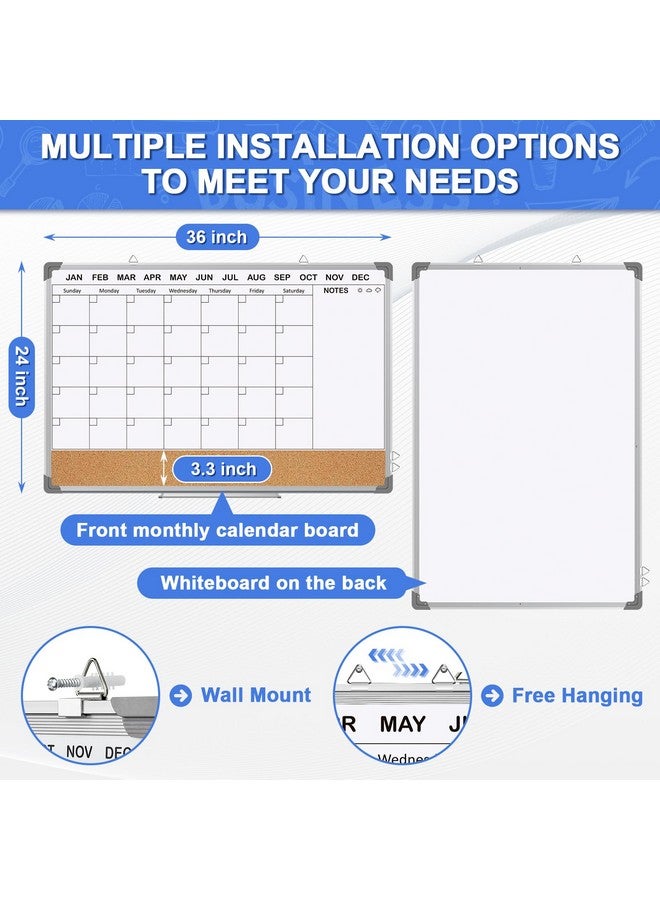 إيوني مجموعة تقويم السبورة الشهرية ولوحة الفلين للجدار مقاس 36 بوصة × 24 بوصة لوحة مسح جافة مغناطيسية مزدوجة الجوانب سبورة بيضاء مؤطرة من الألومنيوم الفضي للمكتب والفصول الدراسية والمطبخ والمنزل - Image 3