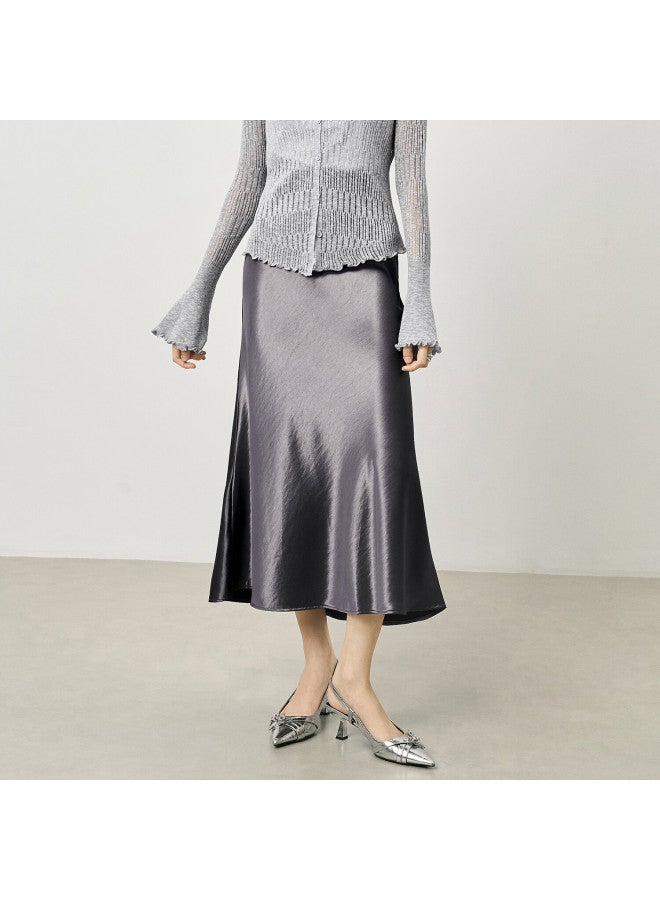 Yanyee Premium Satin Midi Skirt For Women  Autumn Light Mature Style Commuting Elegant Long Skirt Dark Gray 2XL - Image 1