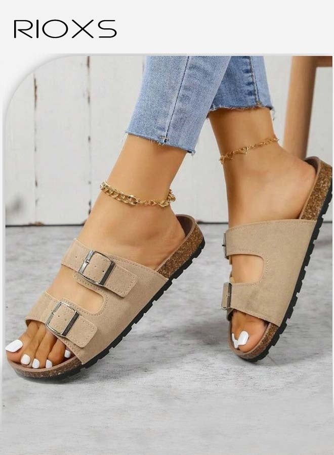 RIOXS Women's Flat Slippers, Lane Cork Footbed Sandals Slippers, Comfort Adjustable Slides Slippers Shoes, Suede Sandals For Women, Open Toe Slides Slip On Slippers With Buckle, For Indoor And Outdoor Use  - Image 4