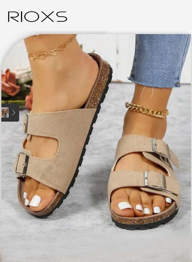 RIOXS Women's Flat Slippers, Lane Cork Footbed Sandals Slippers, Comfort Adjustable Slides Slippers Shoes, Suede Sandals For Women, Open Toe Slides Slip On Slippers With Buckle, For Indoor And Outdoor Use  - Image 5