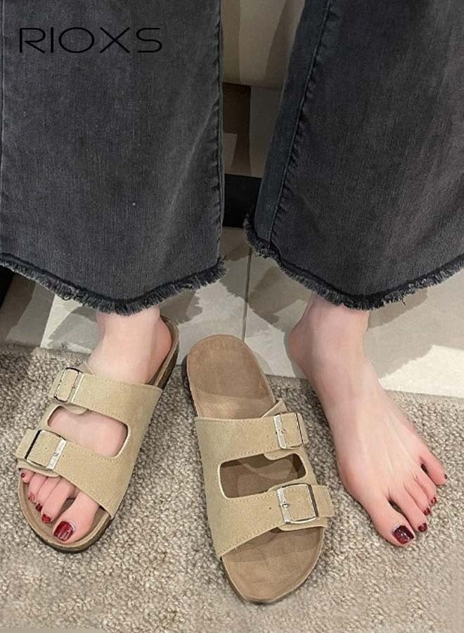 RIOXS Women's Flat Slippers, Lane Cork Footbed Sandals Slippers, Comfort Adjustable Slides Slippers Shoes, Suede Sandals For Women, Open Toe Slides Slip On Slippers With Buckle, For Indoor And Outdoor Use  - Image 3