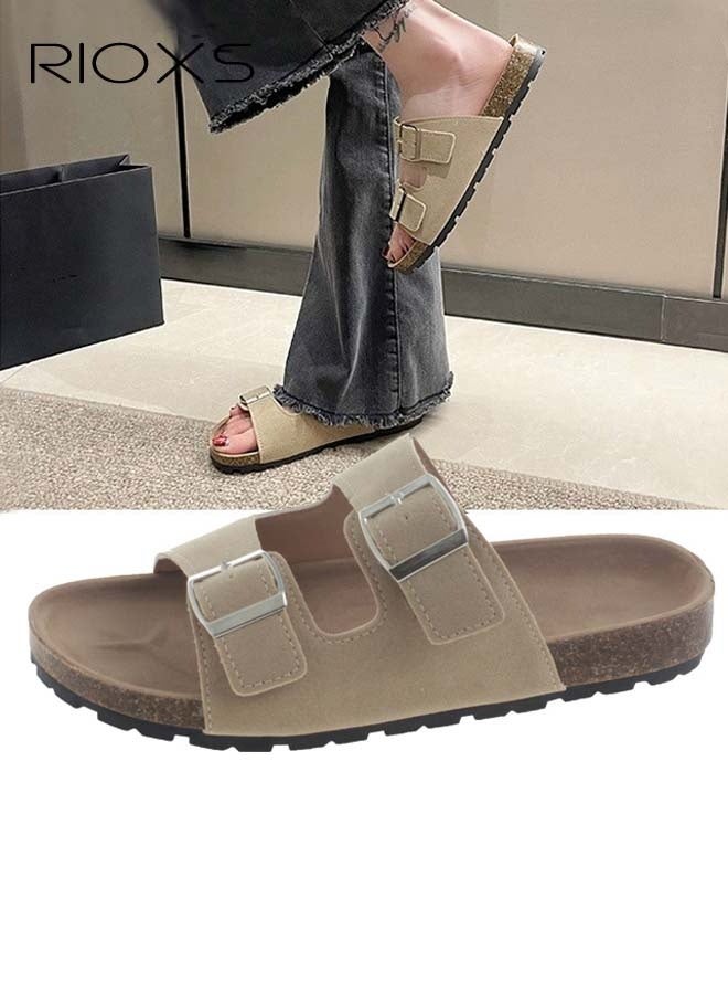 Women's Flat Slippers, Lane Cork Footbed Sandals Slippers, Comfort Adjustable Slides Slippers Shoes, Suede Sandals For Women, Open Toe Slides Slip On Slippers With Buckle, For Indoor And Outdoor Use