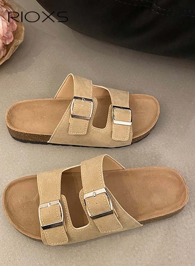 RIOXS Women's Flat Slippers, Lane Cork Footbed Sandals Slippers, Comfort Adjustable Slides Slippers Shoes, Suede Sandals For Women, Open Toe Slides Slip On Slippers With Buckle, For Indoor And Outdoor Use  - Image 2