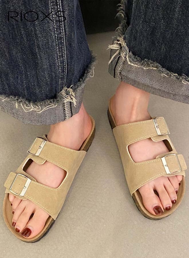 RIOXS Women's Flat Slippers, Lane Cork Footbed Sandals Slippers, Comfort Adjustable Slides Slippers Shoes, Suede Sandals For Women, Open Toe Slides Slip On Slippers With Buckle, For Indoor And Outdoor Use  - Image 1