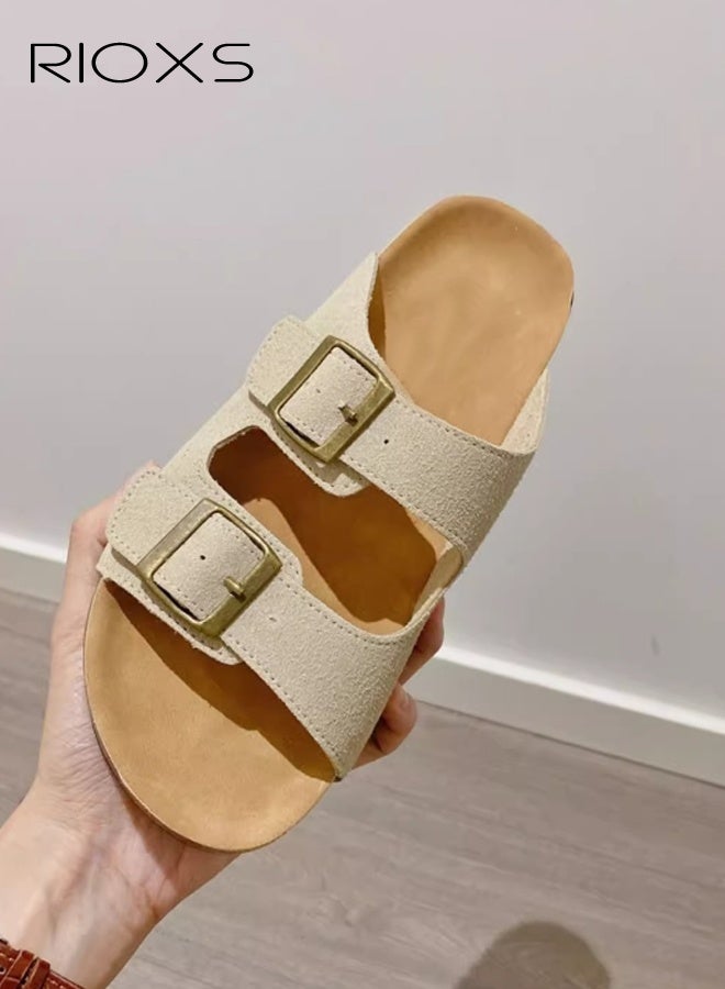 RIOXS Women's Flats, Comfort Suede Flat Sandals, Lane Cork Footbed Sandals, Open Toe Slides Adjustable Slides Slippers for Women, Anti-slip Slip-On Slippers with Buckle, Lightweight Ladies Sandals with Arch Support, Summer Fashion Slide Sandal, Stylish Woman Footwear Taupe - Image 3