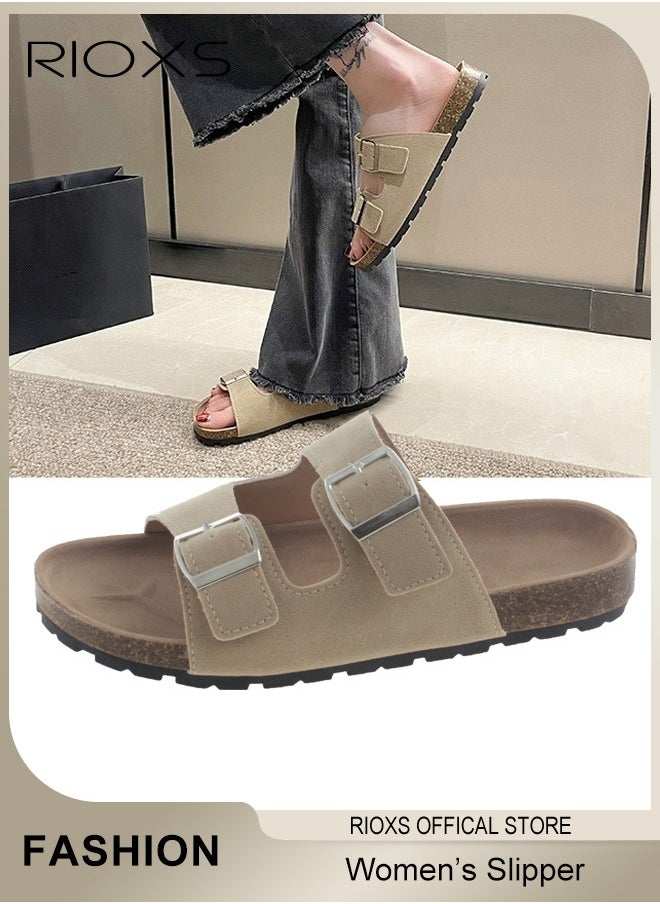 RIOXS Women's Flat Slippers, Lane Cork Footbed Sandals Slippers, Comfort Adjustable Slides Slippers Shoes, Suede Sandals For Women, Open Toe Slides Slip On Slippers With Buckle, For Indoor And Outdoor Use  - Image 1