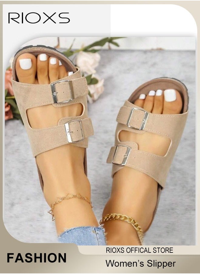 RIOXS Women's Flat Slippers, Lane Cork Footbed Sandals Slippers, Comfort Adjustable Slides Slippers Shoes, Suede Sandals For Women, Open Toe Slides Slip On Slippers With Buckle, For Indoor And Outdoor Use  - Image 3