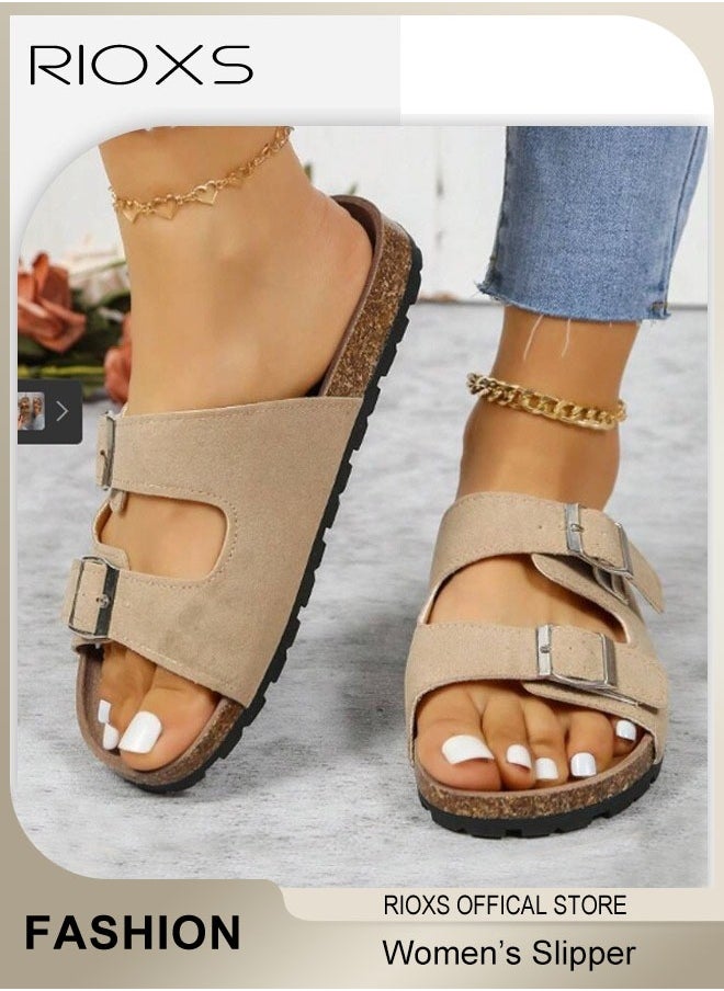 RIOXS Women's Flat Slippers, Lane Cork Footbed Sandals Slippers, Comfort Adjustable Slides Slippers Shoes, Suede Sandals For Women, Open Toe Slides Slip On Slippers With Buckle, For Indoor And Outdoor Use  - Image 4