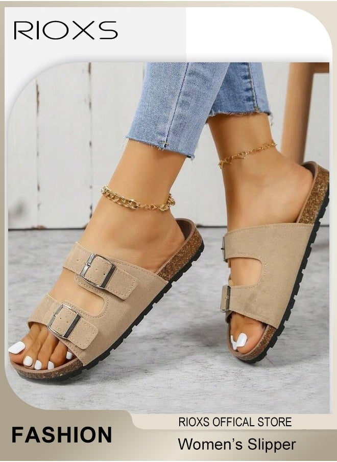 RIOXS Women's Flat Slippers, Lane Cork Footbed Sandals Slippers, Comfort Adjustable Slides Slippers Shoes, Suede Sandals For Women, Open Toe Slides Slip On Slippers With Buckle, For Indoor And Outdoor Use  - Image 5