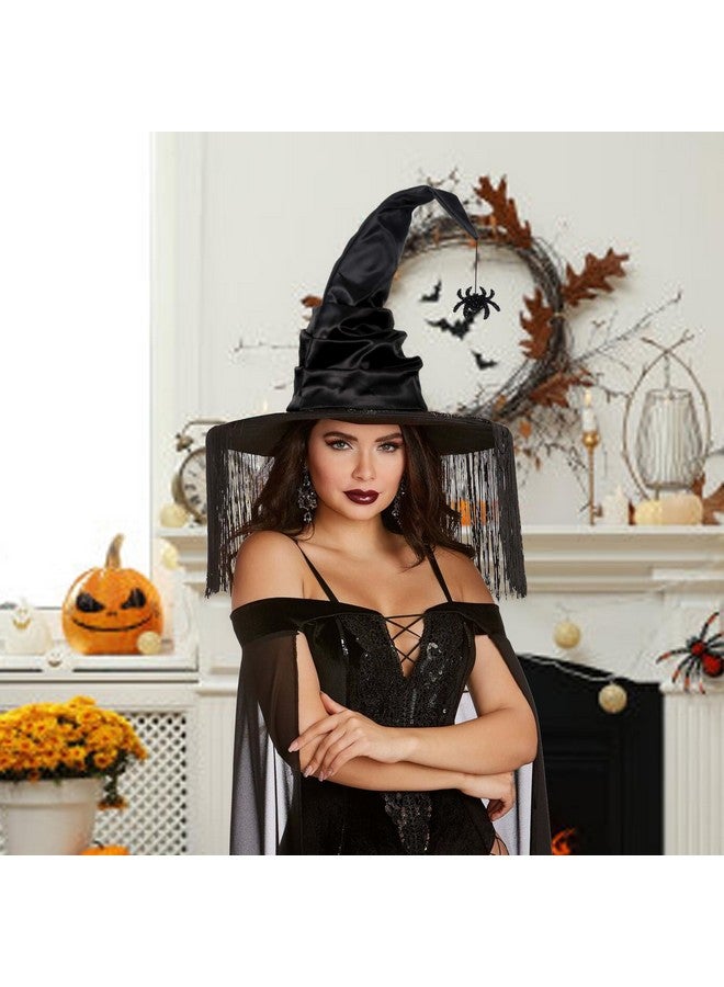 JUSTOTRY Witch Hat For Women - Halloween Women Costume Black Witches Hats With Dangle Fringe For Hallowee Decor Accessories Hocus Pocus Party Favor - Image 2