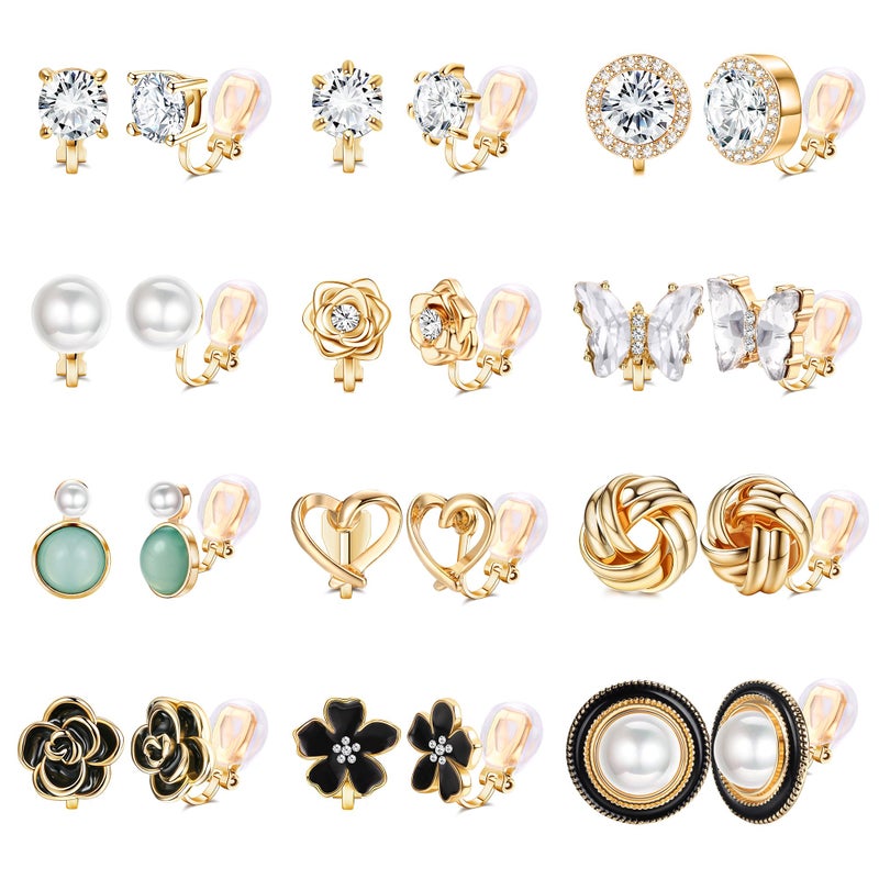 THUNARAZ 12 Pairs Comfortable Clip on Earrings for Women Sparklrd Crystal Clip Earrings CZ Cute Butterfly Flower Pearl Clip on Stud Earrings Non Piercing Jewelry Gold - Image 1