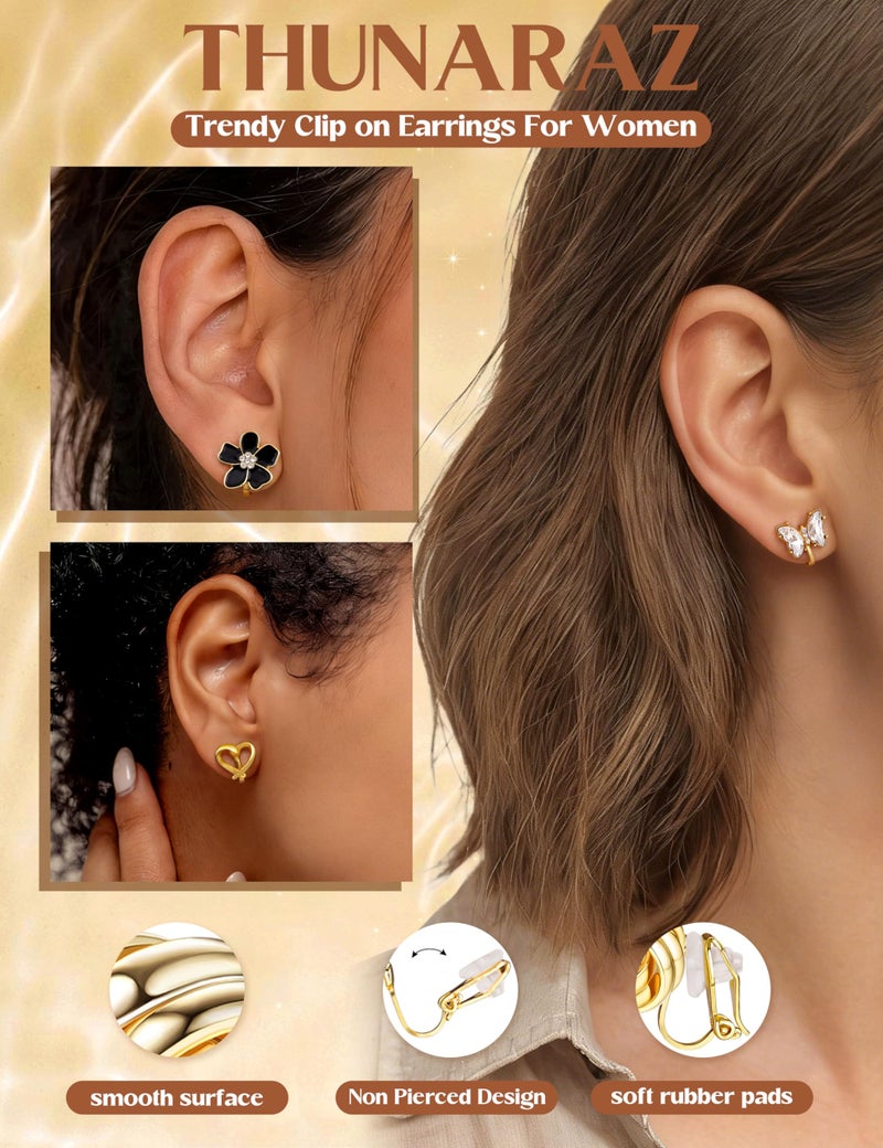THUNARAZ 12 Pairs Comfortable Clip on Earrings for Women Sparklrd Crystal Clip Earrings CZ Cute Butterfly Flower Pearl Clip on Stud Earrings Non Piercing Jewelry Gold - Image 4