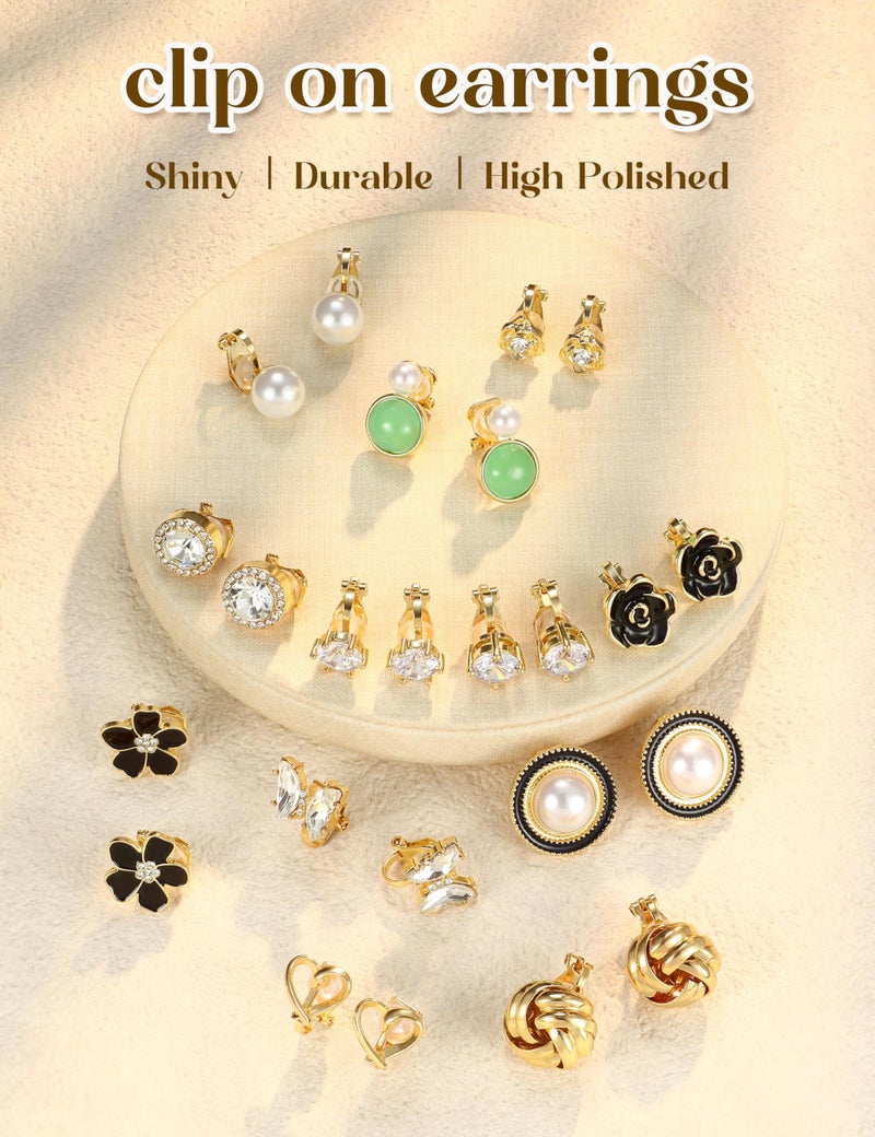 THUNARAZ 12 Pairs Comfortable Clip on Earrings for Women Sparklrd Crystal Clip Earrings CZ Cute Butterfly Flower Pearl Clip on Stud Earrings Non Piercing Jewelry Gold - Image 3
