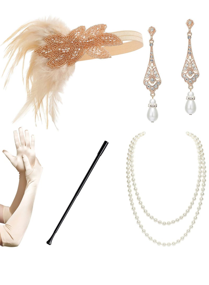 1920s Prom Theme Party Costume Accessory Set, Ladies Baffle Feather Hairband Headband Pearl Necklace Gloves Plastic Holder - Image 1