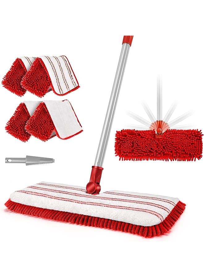 PROMASS Flat Mops, Microfibre Flat Mop with 4 Double-Sided Pads & 127cm Handle for Cleaning Laminate Hardwood Tile Floors - Send Cleaning Scraper - Image 1