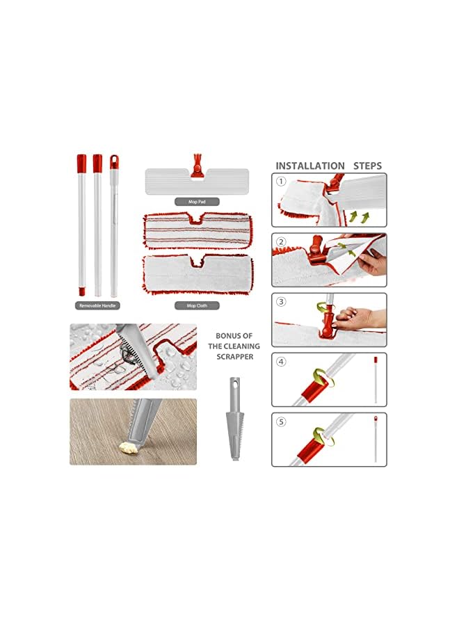 PROMASS Flat Mops, Microfibre Flat Mop with 4 Double-Sided Pads & 127cm Handle for Cleaning Laminate Hardwood Tile Floors - Send Cleaning Scraper - Image 3