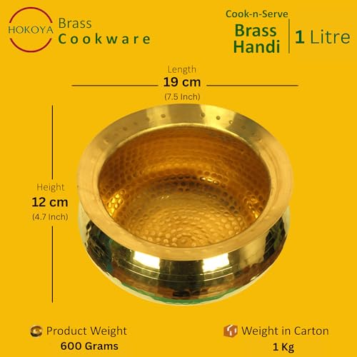 HOKOYA Small Brass Handi for Cooking Food (1 Litre Water Capacity) | Mirror Finish | Brass Cookware | Utensils for Kitchen Cooking Pot - Image 2