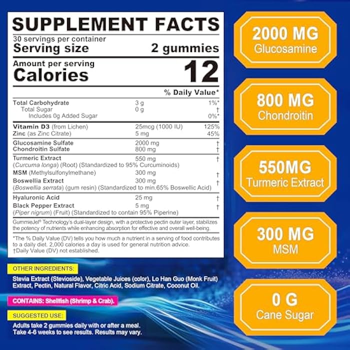 NEVISS Glucosamine Gummies for Adults, Max Strength Glucosamine Sulfate 2000mg, Chondroitin 800mg, MSM, Turmeric Extract, Boswellia, Hyaluronic Acid, Vitamin D3 & Zinc, Sugar Free Pineapple Flavor, 60Cts - Image 2