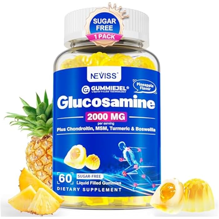 NEVISS Glucosamine Gummies for Adults, Max Strength Glucosamine Sulfate 2000mg, Chondroitin 800mg, MSM, Turmeric Extract, Boswellia, Hyaluronic Acid, Vitamin D3 & Zinc, Sugar Free Pineapple Flavor, 60Cts - Image 1