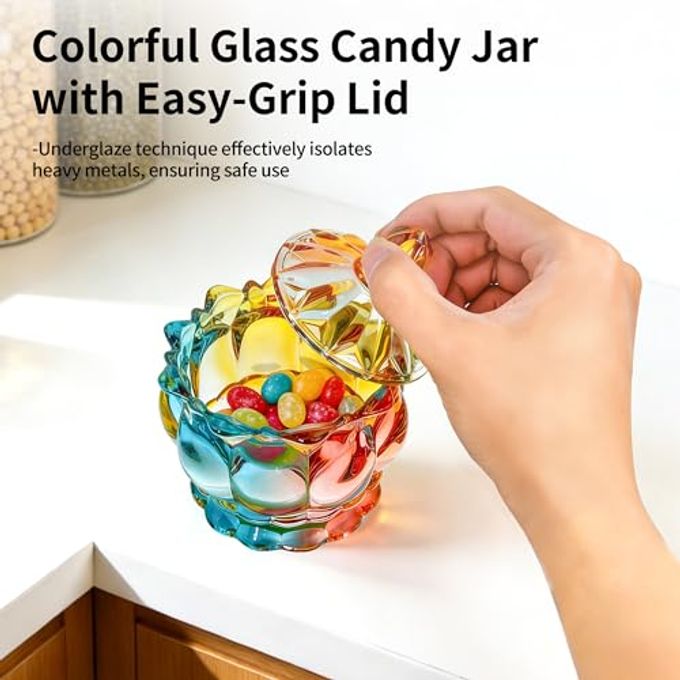 QIANCHANG Colorful Glass Candy Dish with Lid, Candy Holder Containers, Cookies & Apothecary Jar, Decorative Jars for Home Office Desk - Image 2