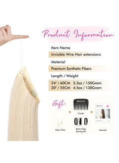 REECHO Invisible Wire Hair Extensions With Transparent Headband Adjustable Size Removable Secure Clips In Straight Secret Hairpiece For Women (20 Inch (Pack Of 1), Light Blonde)  - Image 2