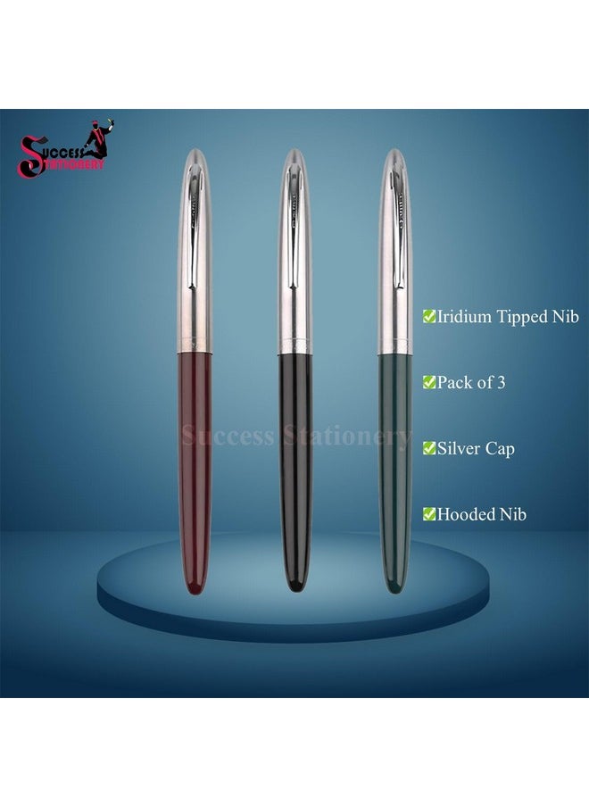 Success Stationery Success Stationery Hero Pen Fountain Pen for Students Smooth Iridium Tip Nib Refillable Ink Pen Gold Arrow Pattern Model 329 Silver Trim Cap Black Green Maroon - Pack of 3  - Image 2