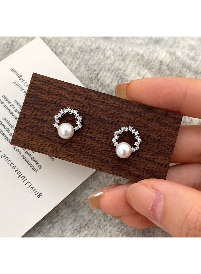 Lavida Pearl zircon silver stud earrings, elegant everyday women's earrings, suitable for daily wear, commuting, and dating - Image 1