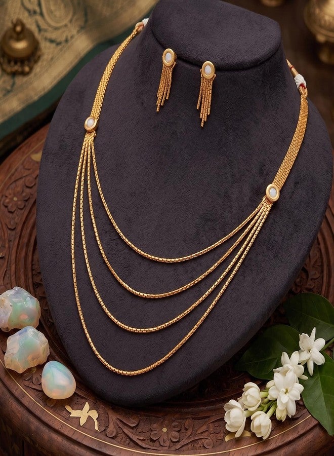 JFL - Traditional Ethnic Multi Strand One Gram Gold Plated White Kundan Designer Necklace Set with Earring for Girls and Women,Valentine - Image 3