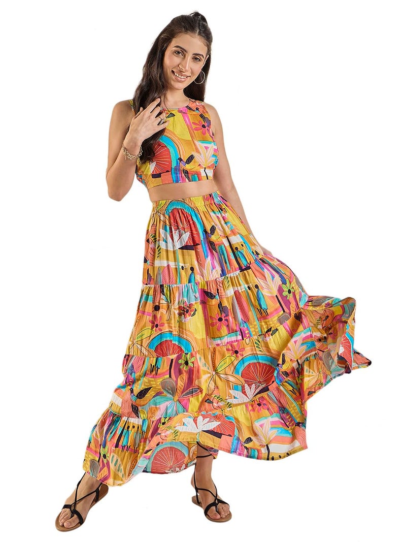 WineRed Women Abstract Print Crop Top & Skirt Set - Image 1