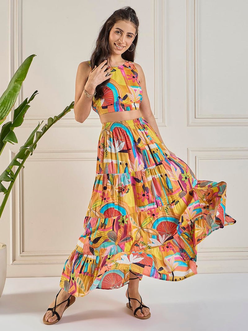 WineRed Women Abstract Print Crop Top & Skirt Set - Image 2