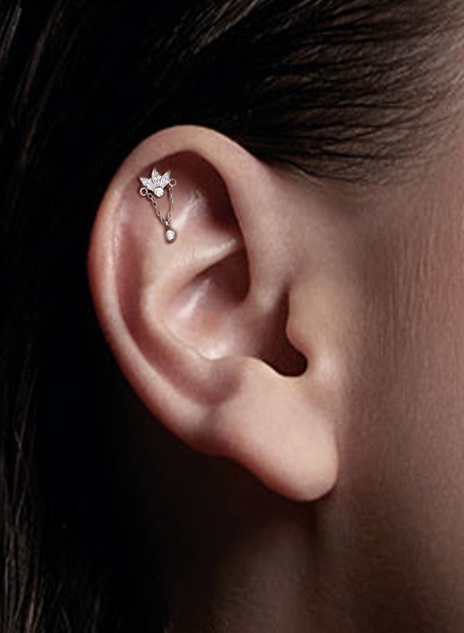 COCHARM G23 Titanium Dangling Chain Helix Earrings 16g Flat Back Flower Upper Ear Stud Piercing 6mm Tragus Earrings 16 Gauge Internally Threaded Forward Helix Jewelry - Image 2