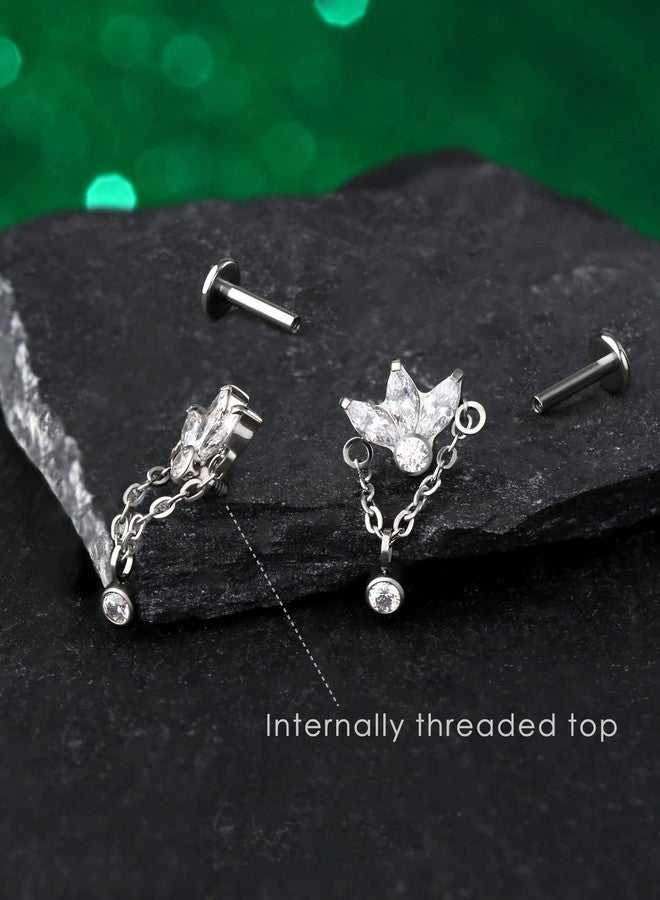 COCHARM G23 Titanium Dangling Chain Helix Earrings 16g Flat Back Flower Upper Ear Stud Piercing 6mm Tragus Earrings 16 Gauge Internally Threaded Forward Helix Jewelry - Image 4