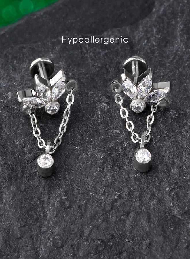COCHARM G23 Titanium Dangling Chain Helix Earrings 16g Flat Back Flower Upper Ear Stud Piercing 6mm Tragus Earrings 16 Gauge Internally Threaded Forward Helix Jewelry - Image 5