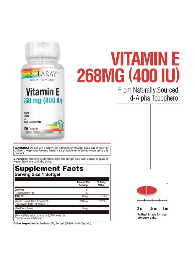 SOLARAY سولاراي فيتامين E د-ألفا توكوفيرول 268 ملغ (400 وحدة دولية) | صحة القلب والجلد، دعم نشاط مضادات الأكسدة | 100 حبة - Image 3