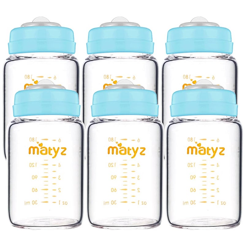 Matyz Glass Breastmilk Storage Bottles 6 Pack 6 oz Compatible With Spectra Medela Breast Pump  Freezer Safe Storage Bottles Set  Wide Mouth Breastmilk Storage Containers  BPA Free Blue Lids - Image 1