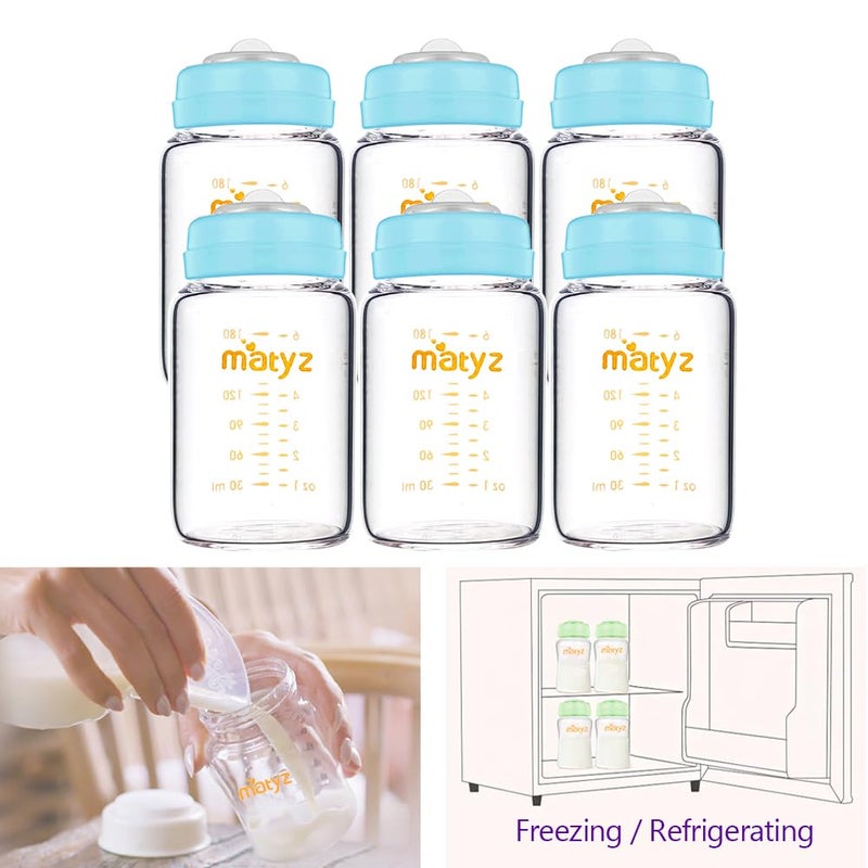 Matyz Glass Breastmilk Storage Bottles 6 Pack 6 oz Compatible With Spectra Medela Breast Pump  Freezer Safe Storage Bottles Set  Wide Mouth Breastmilk Storage Containers  BPA Free Blue Lids - Image 3
