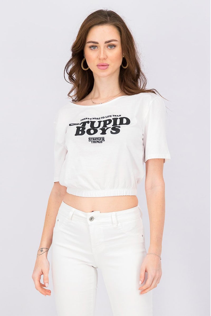 UNDIZ Women Boat Neckline Short Sleeve Graphic Print Top, White and Black - Image 1