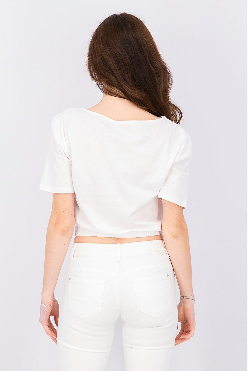 UNDIZ Women Boat Neckline Short Sleeve Graphic Print Top, White and Black - Image 2