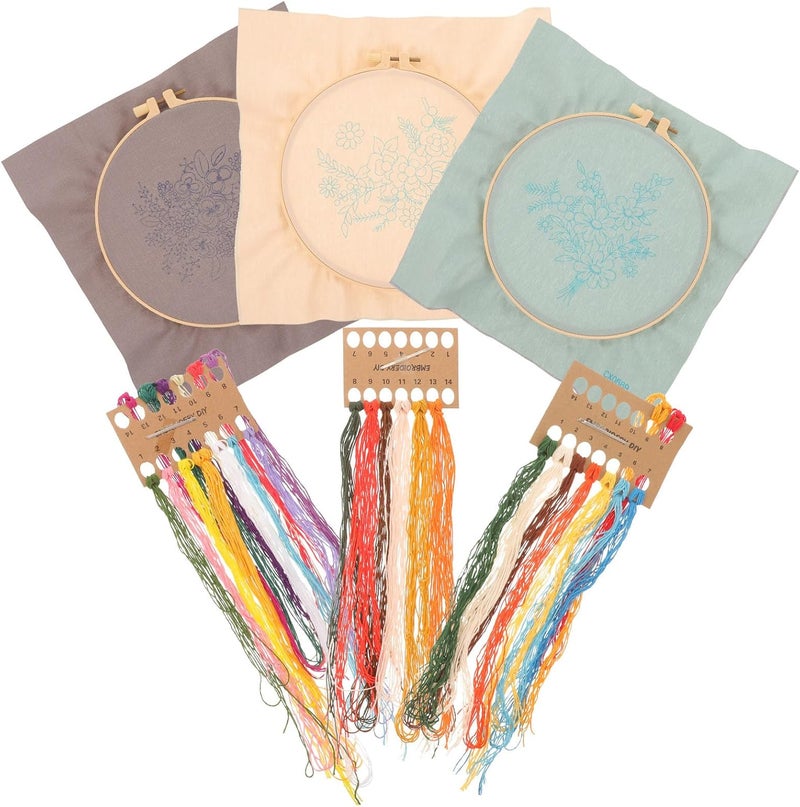 ABOOFAN 3 Sets DIY Embroidery Kit for Beginners Adults, Cross Stitch Material with Floral Patterns, Handmade Embroidery Accessory Set Including 20cm Style Hoop for Crafting and Needlework - Image 1
