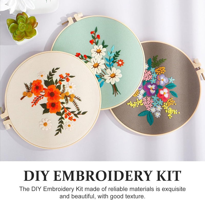 ABOOFAN 3 Sets DIY Embroidery Kit for Beginners Adults, Cross Stitch Material with Floral Patterns, Handmade Embroidery Accessory Set Including 20cm Style Hoop for Crafting and Needlework - Image 3