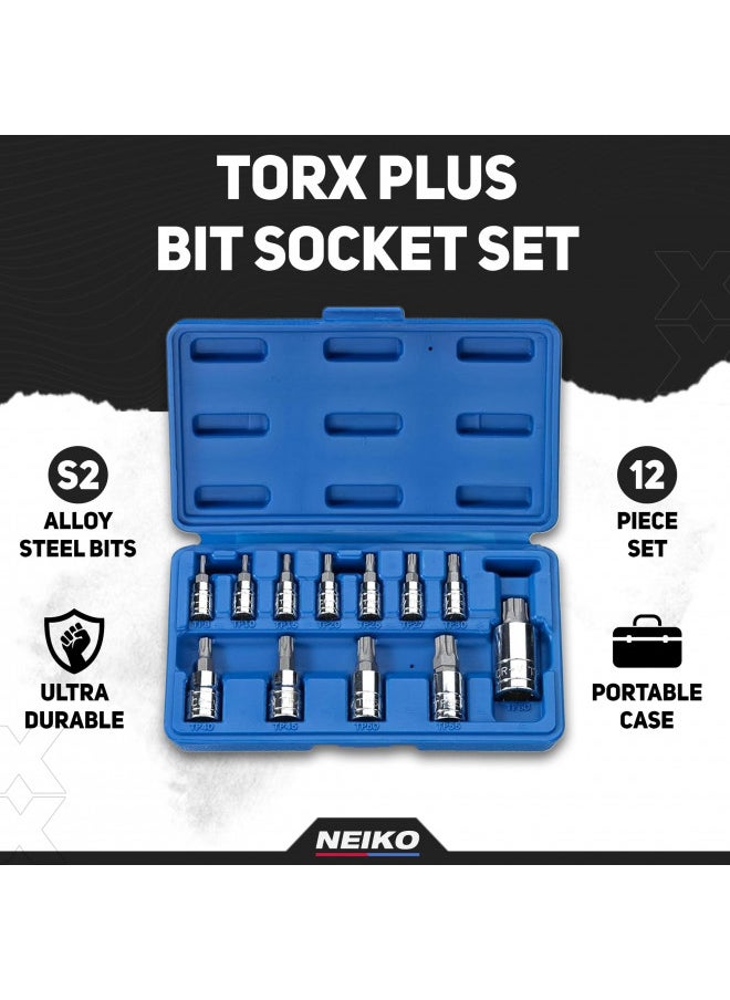 Neiko 10086A 6 Point Torx Plus Bit Socket Set, 1/4-Inch, 3/8-Inch and 1/2-Inch Drive, TP8 - TP60, 12-Piece