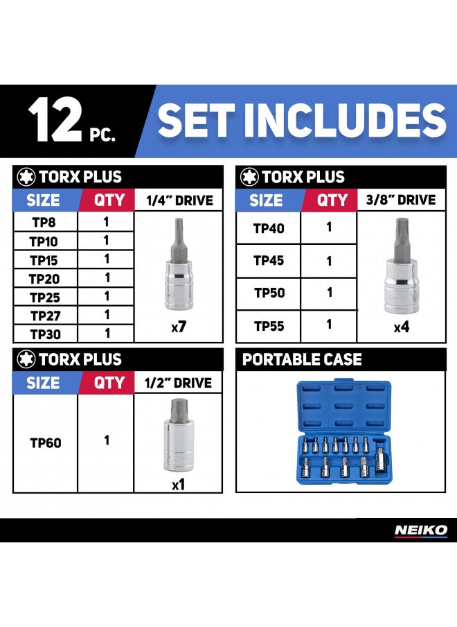 Neiko 10086A 6 Point Torx Plus Bit Socket Set, 1/4-Inch, 3/8-Inch and 1/2-Inch Drive, TP8 - TP60, 12-Piece